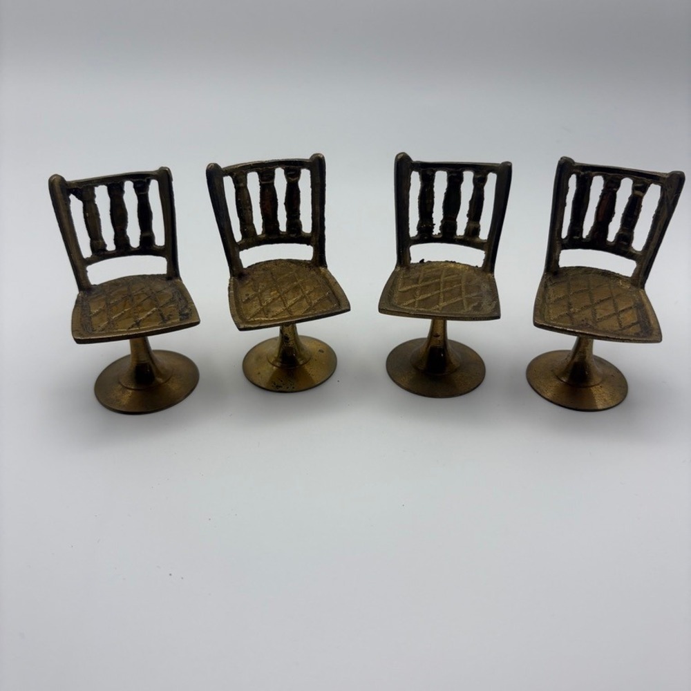 Vintage Miniature Brass Tea Coffee Set Table 4 Chairs Teapot 4 Cups Dollhouse - Picture 5 of 16